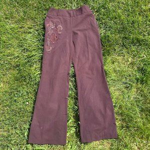 brown wide legged pants with embroidery detail